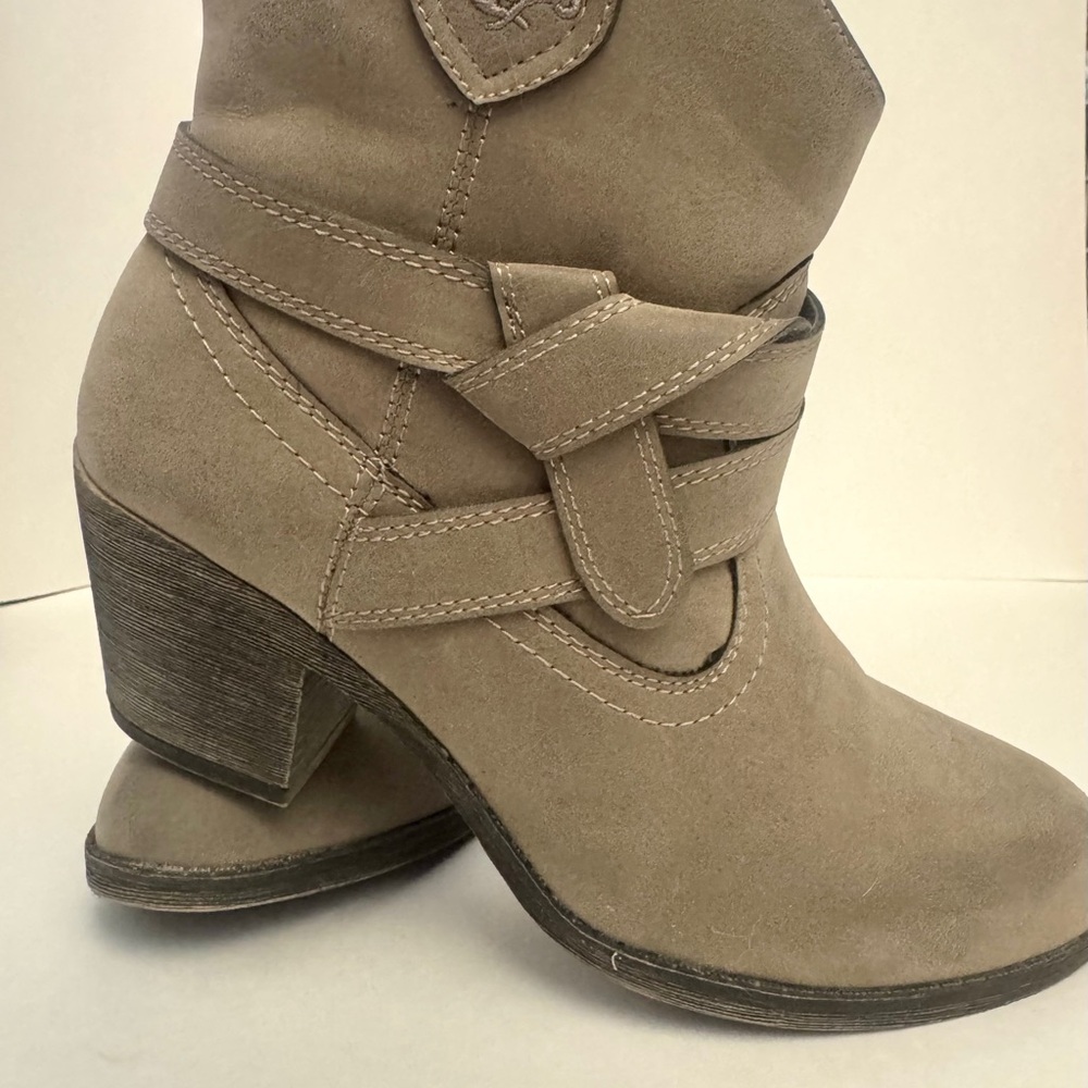 Rocket Dog Taupe Ankle Booties with Wrapped Strap and Stacked Heel
